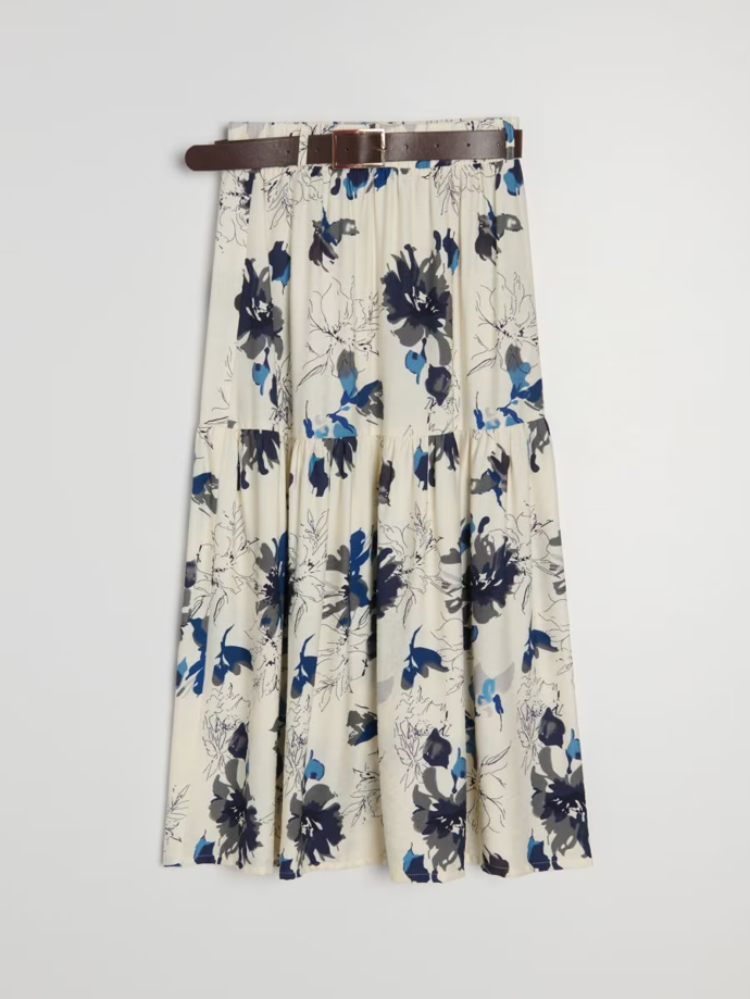 Viskózová midi sukně s květinovým vzorem a páskem, Sinsay, 299 Kč