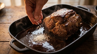 Tato hrst rýže pod hovězím masem se v pekáči doslova rozplyne: Výsledkem je ale sametově hustý výpek, na který jsou i mouka s jíškou krátké