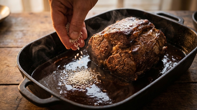 Hrst rýže pod hovězím masem se v pekáči rozplyne: Výsledkem je hustý výpek, na který jsou i mouka s jíškou krátké