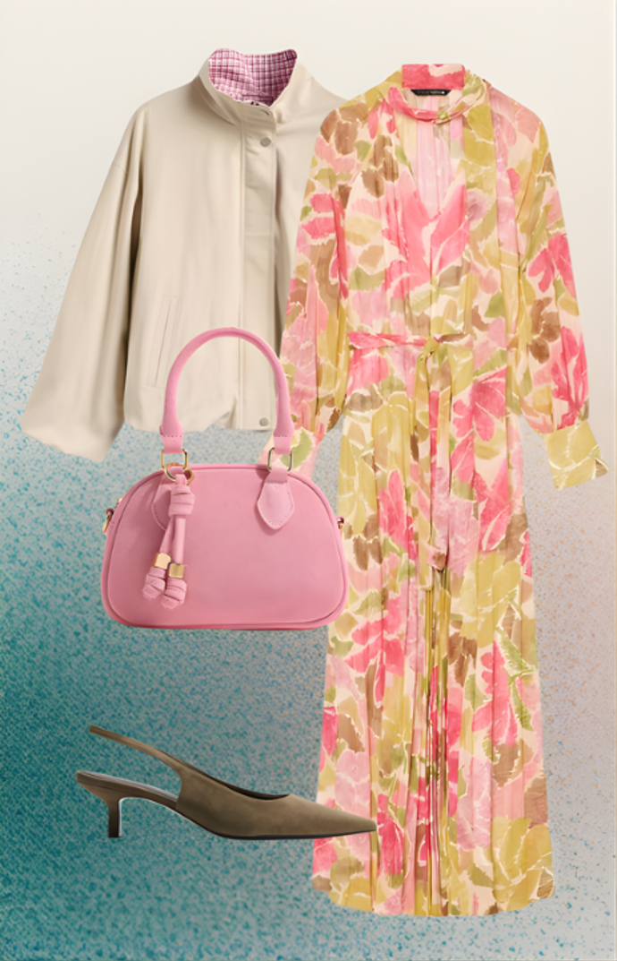 První outfit spojuje jarní eleganci s aktuálními trendy.