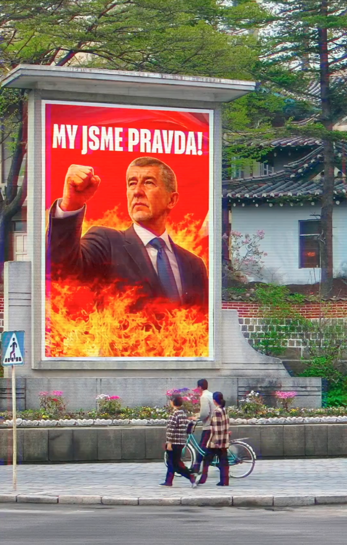 Petr Fiala ve svém nejnovějším videu používá motivy autoritářských režimů. Babiš je v něm vyobrazen jako severokorejský vůdce Kim Čong-un.