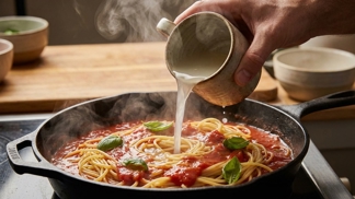 Tento hrnek zakalené vody z hrnce je tajnou zbraní Italů: Zajistí, že se omáčka na těstoviny přilepí a už nikdy nesjede na dno