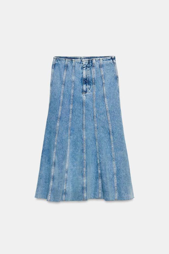 Džínová midi sukně s prošíváním, Zara, 849 Kč