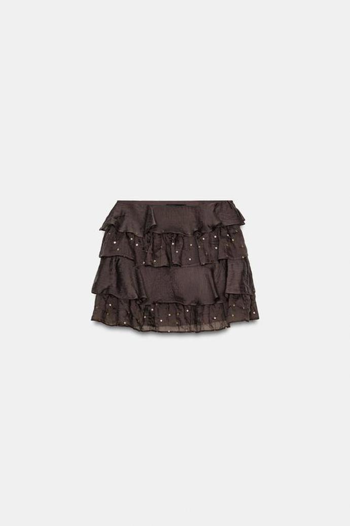 Mini sukně s volány a flitry, Zara, 699 Kč