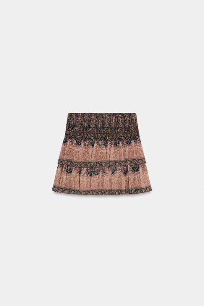 Mini sukně s žabičkovým nabíráním a potiskem, Zara, 699 Kč