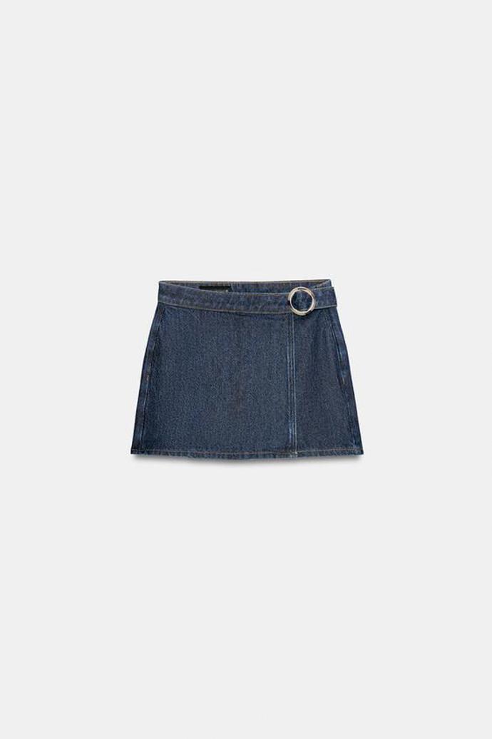 Překřížená džínová kalhotová sukně s přezkou, Zara, 649 Kč