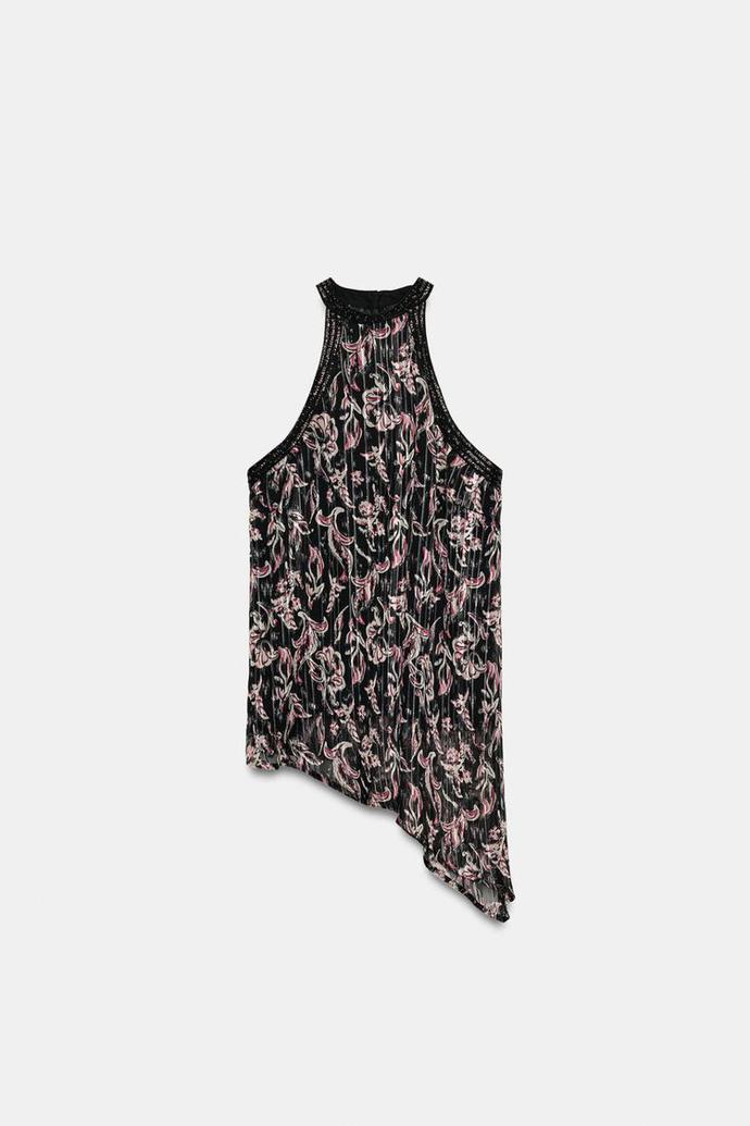 Top halter s potiskem, flitry a metalickým vláknem, Zara, 649 Kč