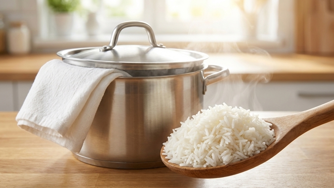 Dokonale sypká rýže bez rýžovaru? Pomůže vám kuchyňská utěrka