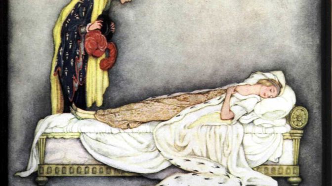 Šípková Růženka vlastně vůbec není romantický příběh. Původní verze se jmenuje Slunce, Měsíc a Talia a začátek s prokletím princezny, píchnutím do prstu a usnutím, který známe, je stejný, ovšem (již ženatý) princ, když spatřil spící krásku, ji neprobudil polibkem, nýbrž ji znásilnil, oplodnil a odjel. Růženka ve spánku porodí dvě děti a za pomoci víl je kojí. Jedno z miminek jí tak vycucne jed z těla a ona se probudí. Princ se pro ni pak vrátí, protože na ni nemůže přestat myslet. S její záchranou však nemá přímo nic společného.
Šípková Růženka vlastně vůbec není romantický příběh. Původní verze se jmenuje Slunce, Měsíc a Talia a začátek s prokletím princezny, píchnutím do prstu a usnutím, který známe, je stejný, ovšem (již ženatý) princ, když spatřil spící krásku, ji neprobudil polibkem, nýbrž ji znásilnil, oplodnil a odjel. Růženka ve spánku porodí dvě děti a za pomoci víl je kojí. Jedno z miminek jí tak vycucne jed z těla a ona se probudí. Princ se pro ni pak vrátí, protože na ni nemůže přestat myslet. S její záchranou však nemá přímo nic společného.