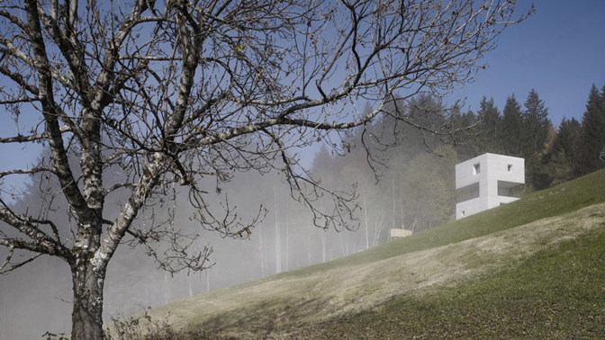 Horská chata z betonu. Rakouská stavba působí jako přelud