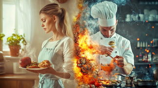 žena vaří doma, kuchař v restauraci žena vaří doma, kuchař v restauraci