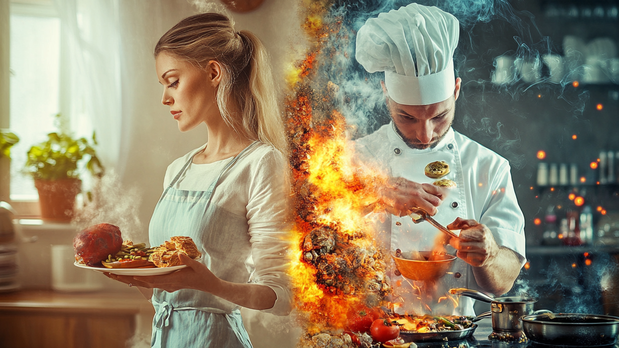 žena vaří doma, kuchař v restauraci