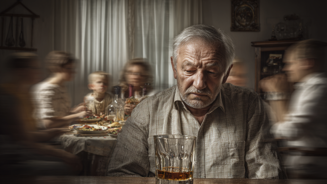 muž sedí se sklenkou alkoholu sám