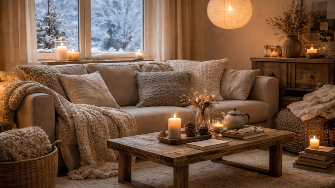 Zimní interiér ve stylu hygge
