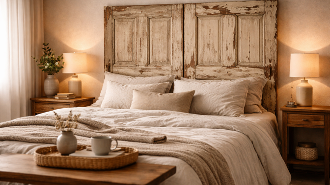 Ze starých dveří čelo postele, které vypadá jako z boutique hotelu