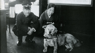 Hačikó na stanici Šibuja kolem roku 1933 s přednostou stanice. 

