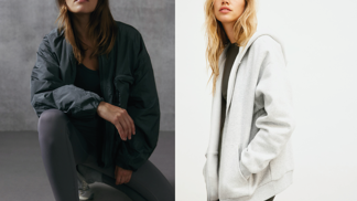 Sportovní legíny z kolekce DryMove™, H&M, 479 Kč, sportovní bunda s kapucí, H&M, 1 199 Kč
