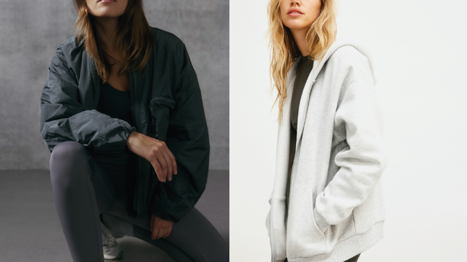 Sportovní legíny z kolekce DryMove™, H&M, 479 Kč, sportovní bunda s kapucí, H&M, 1 199 Kč
