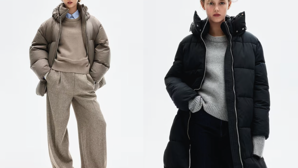 Oversized péřová bunda, H&M, 3 799 Kč, vodoodpudivý vatovaný kabát, H&M, 1 699 Kč
