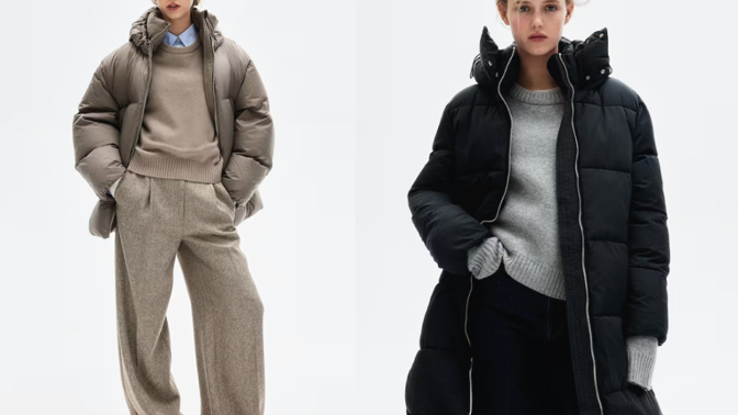 Oversized péřová bunda, H&M, 3 799 Kč, vodoodpudivý vatovaný kabát, H&M, 1 699 Kč
