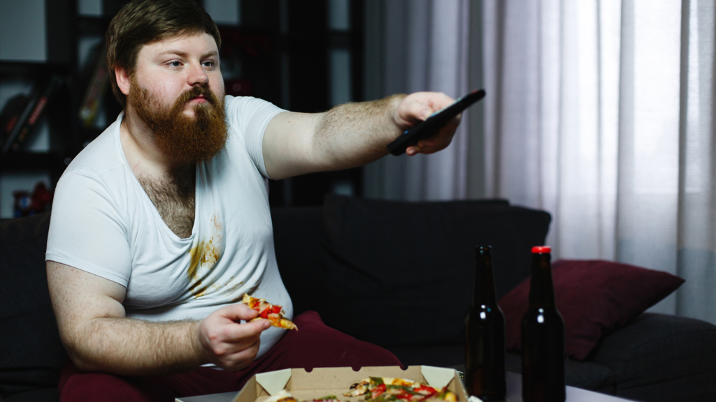 muž, tlustý, televize, pizza muž, tlustý, televize, pizza