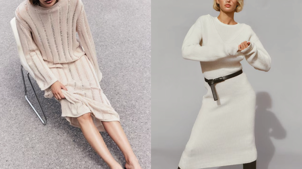 Pletené šaty se vzorem, H&M, 839 Kč, pletené šaty H&M, 959 Kč
