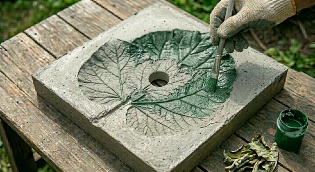 Vytvořte si designové zahradní umyvadlo: Stačí vám beton a list lopuchu nebo rebarbory