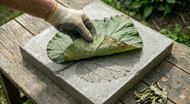 Vytvořte si designové zahradní umyvadlo: Stačí vám beton a list lopuchu nebo rebarbory