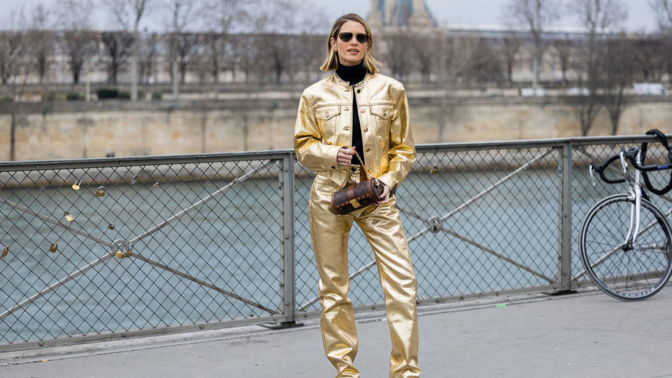 zlatá metalická bunda kalhoty zlatý komplet streetstyle