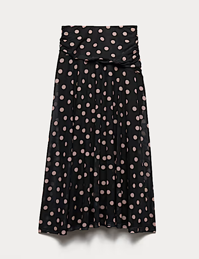 Puntíkovaná midi sukně áčkového střihu se síťovinou, Marks&Spencer, 1299 Kč