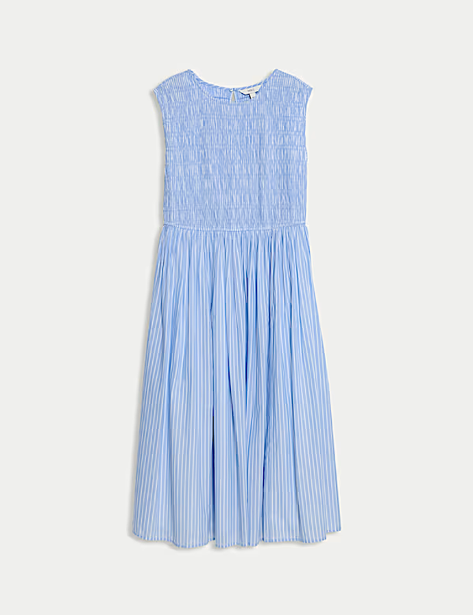 Pruhované midi šaty z čisté bavlny se zvýrazněným pasem, Marks&Spencer, 1399 Kč
