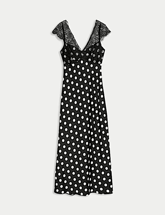 Puntíkované neformální midaxi šaty s výstřihem do V a krajkou, Marks&Spencer, 1899 Kč