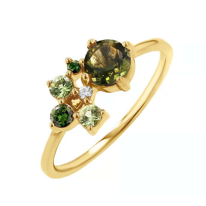 Zlatý cluster prsten s vltavínem, safíry a diamanty, Eppi, 27190 Kč