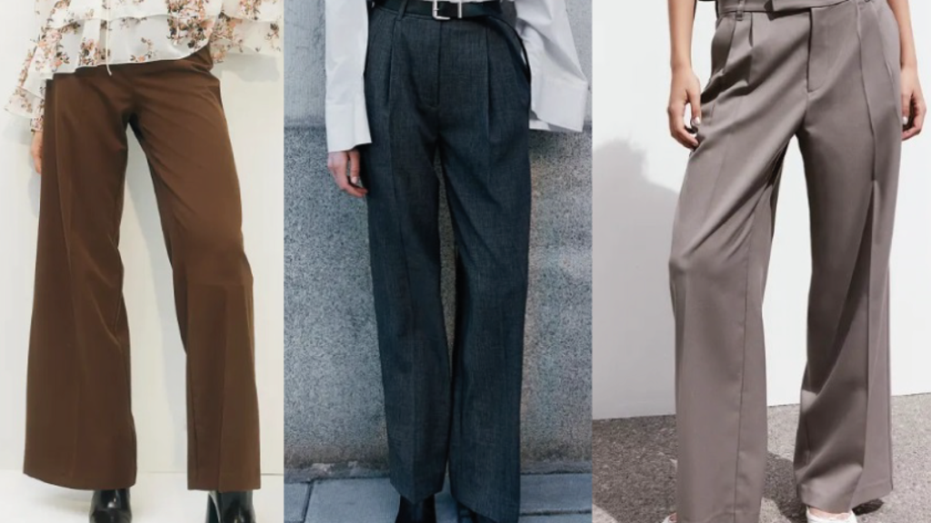 Široké elegantní kalhoty, H&M, 599 Kč, elegantní kalhoty, H&M, 1 459 Kč, elegantní kalhoty H&M, 479 Kč
