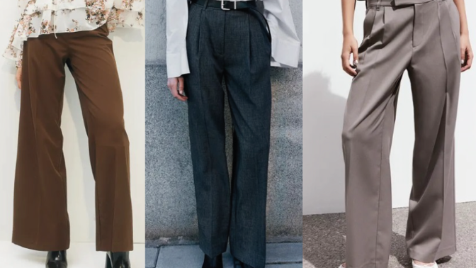 Široké elegantní kalhoty, H&M, 599 Kč, elegantní kalhoty, H&M, 1 459 Kč, elegantní kalhoty H&M, 479 Kč

