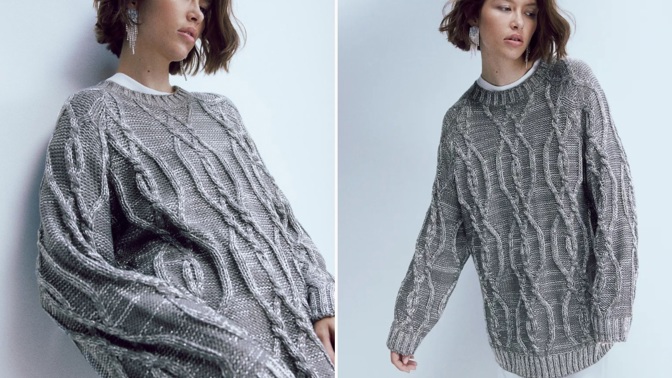 Oversized metalicky třpytivý svetr, H&M, 1 249 Kč
