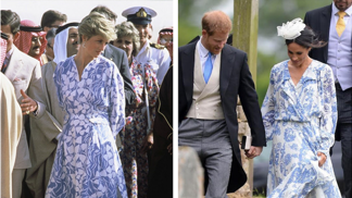 Bílé šaty s modrým potiskem vynesla princezna Diana při návštěvě Saudské Arábie v roce 1986. Podobné šaty oblékla také Meghan v roce 2018.
Bílé šaty s modrým potiskem vynesla princezna Diana při návštěvě Saudské Arábie v roce 1986. Podobné šaty oblékla také Meghan v roce 2018.
