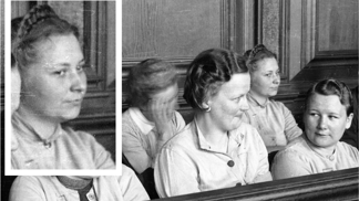 Ženské strážkyně koncentračního tábora Stutthof při válečném procesu v Gdaňsku před zvláštním soudem ve dnech 25. dubna až 31. května 1946, Polsko. První řada zleva doprava: Elisabeth Becker, Gerda Steinhoff (nebo Herta Bothe, viz níže), Wanda Klaff. Druhá řada: Erna Beilhardt, Jenny Wanda Barkmann.

