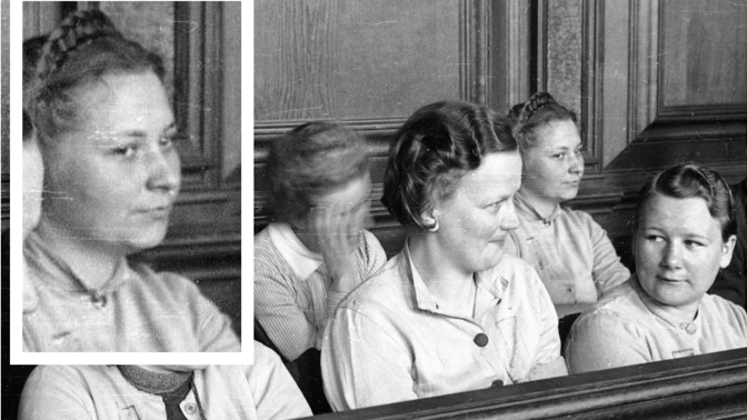 Ženské strážkyně koncentračního tábora Stutthof při válečném procesu v Gdaňsku před zvláštním soudem ve dnech 25. dubna až 31. května 1946, Polsko. První řada zleva doprava: Elisabeth Becker, Gerda Steinhoff (nebo Herta Bothe, viz níže), Wanda Klaff. Druhá řada: Erna Beilhardt, Jenny Wanda Barkmann.
