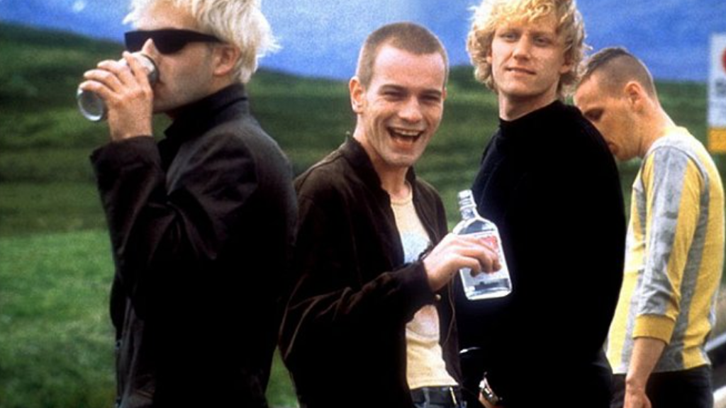Jonny Lee Miller, Ewan McGregor, Kevin McKidd a Ewen Bremner ve filmu Trainspotting.