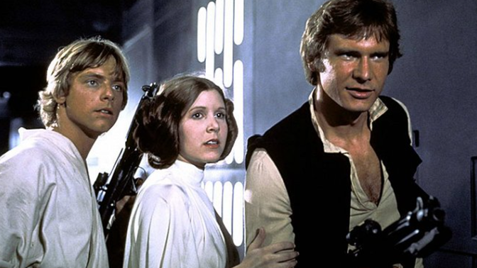 Mark Hamill, Carrie Fisher a Harrison Ford ve filmu Star Wars: Epizoda IV.