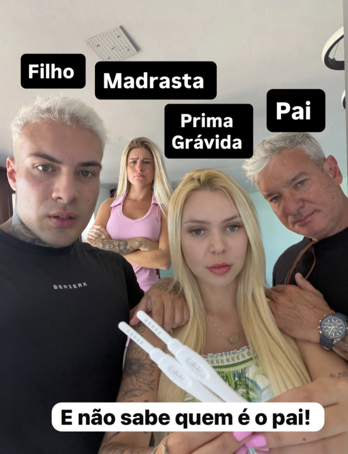 Příspěvek na instagramu Debory Peixoto: "Syn, nevlastní máma, těhotná sestřenice, táta. A nikdo neví, kdo je otcem."