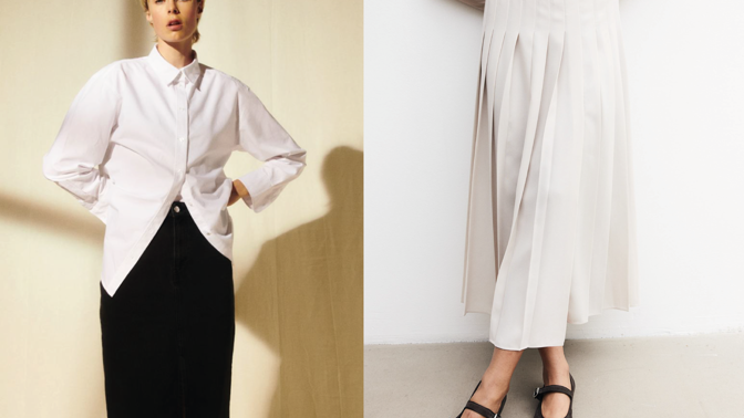 Džínová sukně ke kolenům, H&M, 719 Kč, skládaná sukně, H&M, 1 199 Kč
