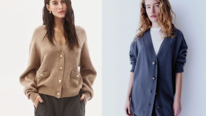 Žebrovaný propínací svetr, H&M, 599 Kč, kašmírový propínací svetr, H&M, 3 799 Kč
