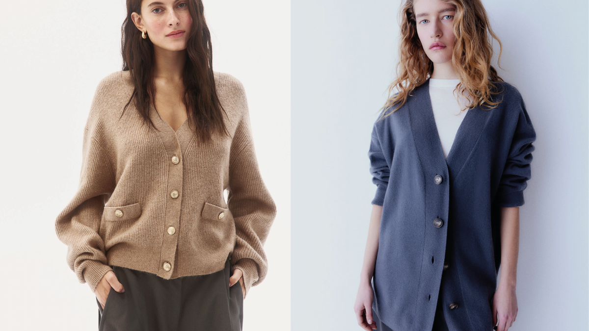 Žebrovaný propínací svetr, H&M, 599 Kč, kašmírový propínací svetr, H&M, 3 799 Kč

