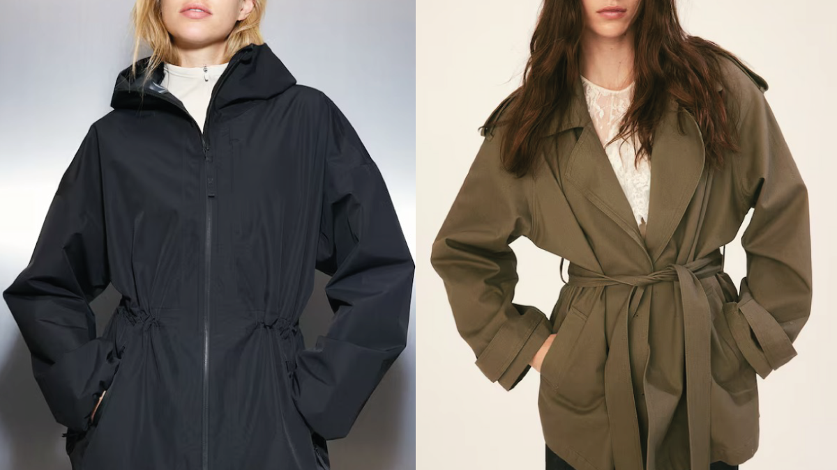 Bunda do deště z materiálu StormMove™ H&M, 2 199 Kč, krátký trenčkot, H&M, 1 199 Kč
