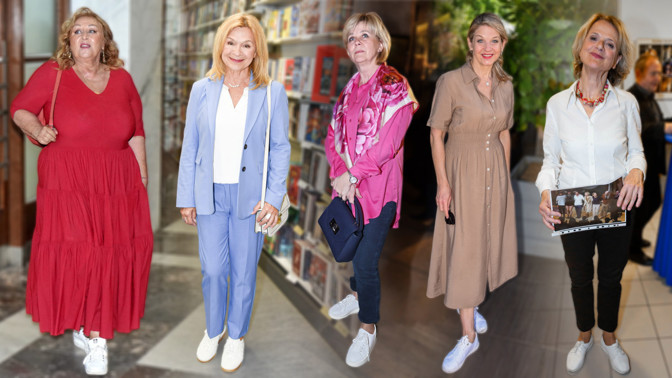 Bílé tenisky v outfitech slavných žen: Jana Paulová je ladí s kostýmkem, Sabina Laurinová s košilovými šaty