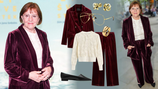Dokonalý outfit Lenky Termerové pro ženy 70+: Sametový kostým ve vínové barvě s trendy háčkovanou halenkou
