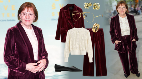 Dokonalý outfit Lenky Termerové pro ženy 70+: Sametový kostým ve vínové barvě s trendy háčkovanou halenkou