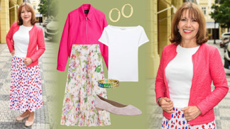 Dokonalý letní outfit pro 60+: Michela Dolinová doladila plisovanou sukni zářivou bundičkou
